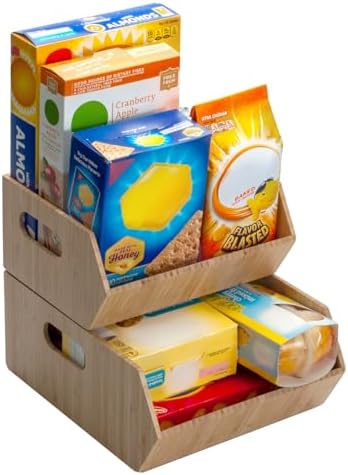 Mobilevision XL Versatile Bamboo Storage Bins for Pantry & Kitchen Cabinet Organizer Multi-Purpose / 2 Piece Stackable S