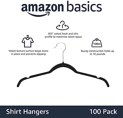 Amazon Basics Space Saving Slim Velvet Non-Slip Clothes Hangers for Closet Organization, Black, 100-Pack