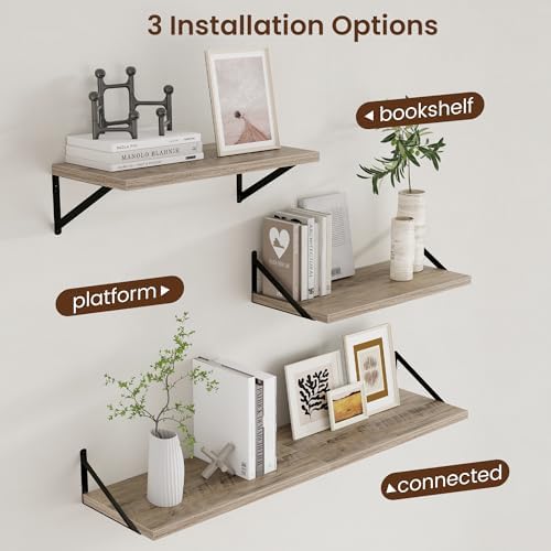 Axeman 12 Inch Deep Floating Shelves for Wall - 24 Inch Wide x 12 Inch Deep Wall Shelves Set of 2 - Rustic Grey Wood Flo