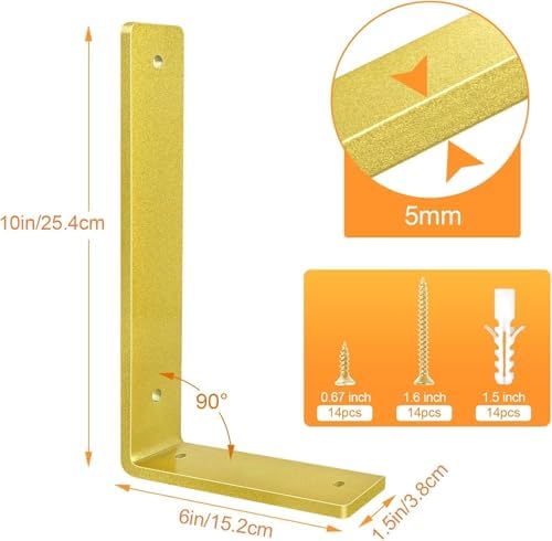 Gold Floating Shelf Bracket 10 Inch, 6 Pack Heavy Duty Shelf Brackets, Wall Shelf Bracket Gold for DIY Decorative with M