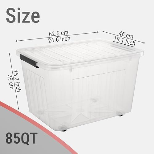 Cetomo Plastic Storage Bins, Lidded Storage Box with Wheels for Home Office Dorm, Wheeled, Stackable, Clear, 85Quart-6 P