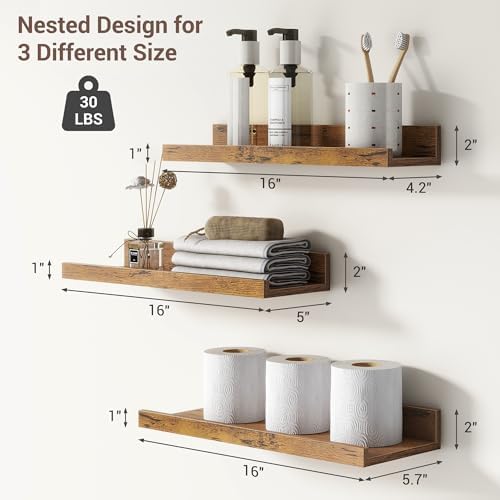 Axeman Picture Ledge Shelf, 16 Inch Brown Floating Shelves Set of 3