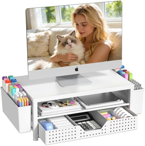 OPNICE Desk Organizers and Accessories, Computer Monitor Stand Riser with Drawer and 2 Pen Holders, Printer & Laptop Sta