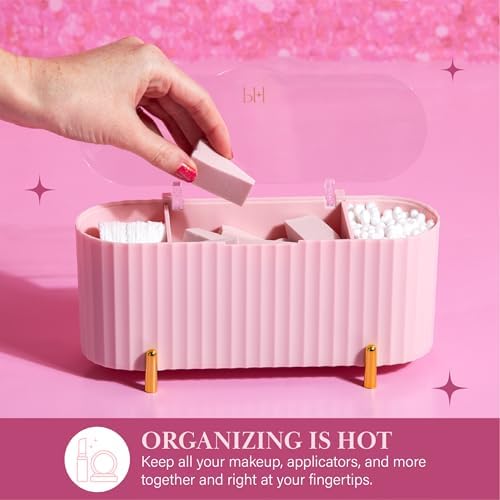Paris Hilton Makeup & Storage Organizer with Lid, Customizable 3-Compartment Tray, Elegant Ribbed Design, Compact & Dura