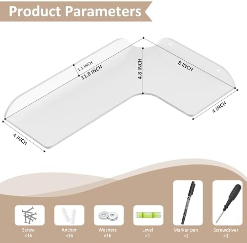 Sezanrpt 8x11.8 Inch Corner Shelf Wall Mount Set of 4, White Acrylic Corner Floating Shelves, Wall Organizer Shelf for B