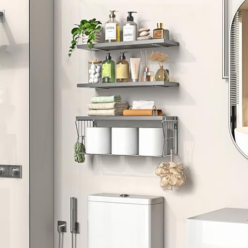 Floating Bathroom Shelves Wall Mounted - Wooden Shelf Set of 3 for Over Toilet Storage & Modern Bathroom Decor - Perfect