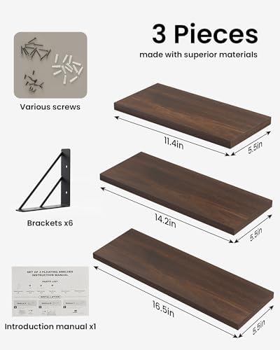 BAYKA Wall Mounted Floating Shelves (Walnut-Like, Set of 3, 16" Mixed)