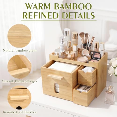 Bamboo Face Towel Holder with 3 Drawers, Vanity Skincare Organizer