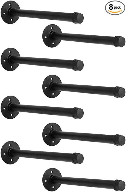 Industrial Black Iron Pipe Shelf Brackets Wall Mount DIY Shelving Brackets Pipe Decor Wall Rustic Garment Rack Hardware Included, 16 Inch Set of 8