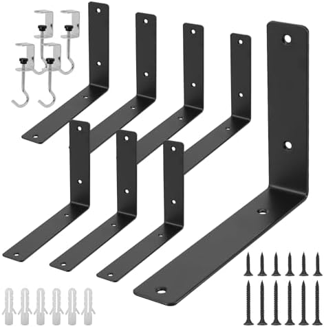 L Floating Shelf Brackets,8 Pack Heavy Duty L Brackets for Shelves, L 8" X H 6" Black Metal Countertop Support Brackets,