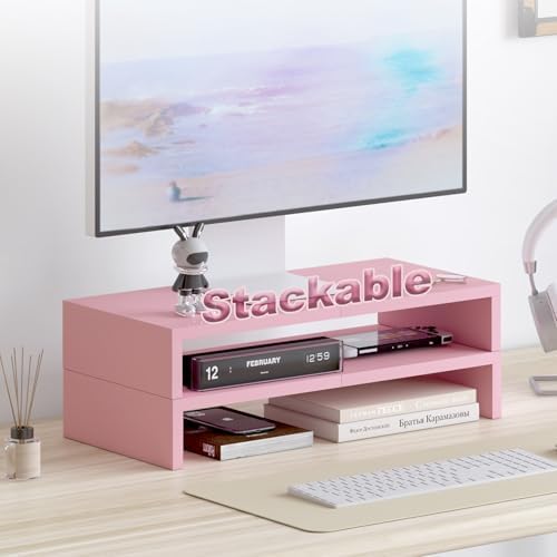 TEAMIX 2 Pack Pink Monitor Riser-20L inch, Cute Monitor Stand for Desk, Wood Sturdy TV/Screen/PC/Printer/Laptop Riser, C