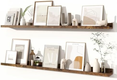 Fun Memories Picture Ledge Shelves Set of 2, 48 Inch Rustic Wall Mounted Floating Shelves with Lip for Home Storage and 