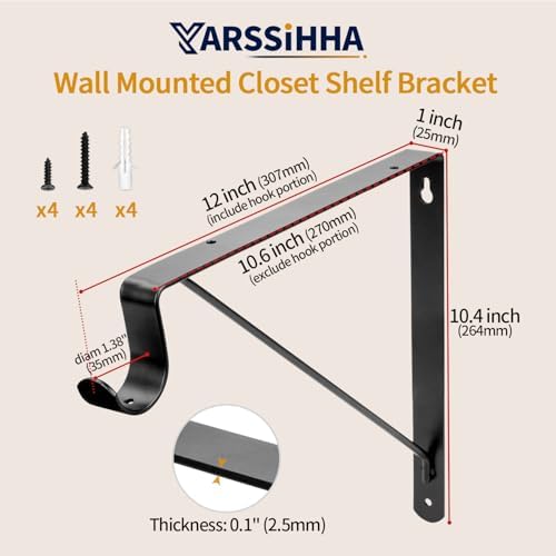 Yarssihha 2 Pack Closet Rod Bracket, 12 x 10.4 Inch Wall Mounted Closet Shelf Bracket, Black Closet Rod Support Bracket 