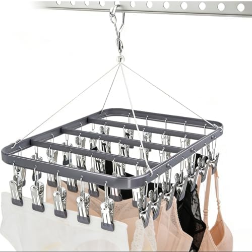 Pants Hanger Clothes Drying Racks Clip Hangers Metal with 36 Clips Windproof Hook Underwear Hanger Foldable Laundry Clip forJeans Yoga Leggings Trousers Socks Bras (Grey)
