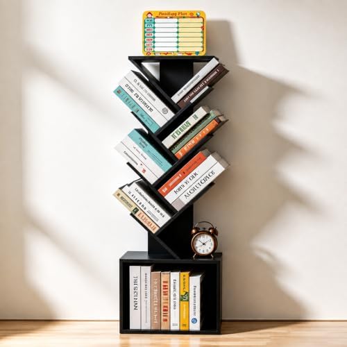 7-Tier Tree Bookshelf with Reading Planner & Activity Panel, Small Bookcase