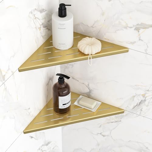 Qeke 10" Corner Shower Shelves 304 Stainless Steel, Brushed Golden, 2 Pack