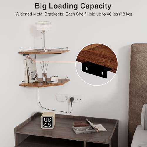 JJL Corner Shelf Wall Mounted, 12 Inches 2-Tier Floating Corner Shelf, Hexagon Rustic Wood Decor with Fence, Brown Stora
