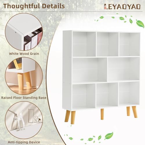 LEYAOYAO 8 Cube Bookshelf, Mid-Century Modern Book Shelf with Legs, White