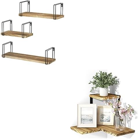 SRIWATANA Rustic Floating Shelves and 2 Tier Corner Shelves Bundle (Contains 2 Items)