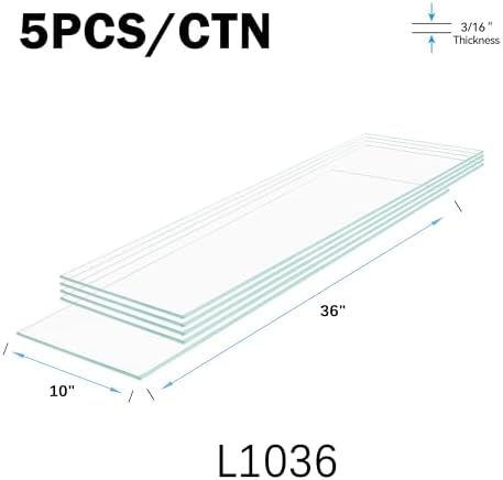 10" x 36" - 5-Pcs Tempered Glass Rectangular Shelves - 3/16" Thick - Home & Office Storage Racks
