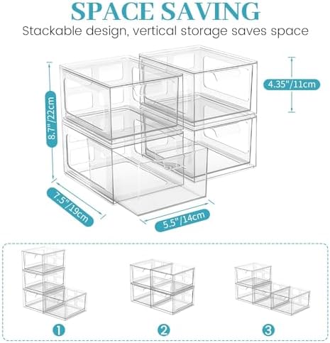 SpaceHacks 6 Pack Stackable Plastic Makeup Organizer Drawers, Acrylic Organizers, Clear Storage Bins with Pull-Out Handl