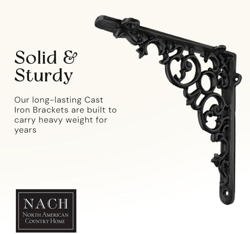 NACH Decorative Shelf Brackets, 4 Pack of 8 x 1.6 x 8 inch, Black Cast Iron Shelf Support Bracket - Metal Shelf Brackets
