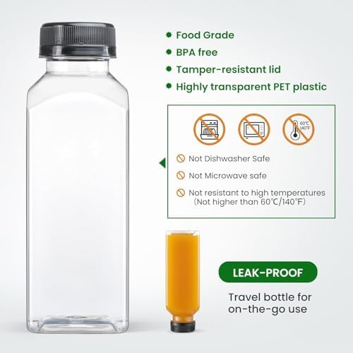 24 PACK, 12 OZ Reusable Thicker Plastic Juice Bottles with Caps, Leakproof