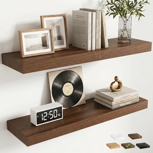 FLYJOE 24 Inch Floating Shelves for Wall Set of 2, 6.5" D Wood Grain Bathroom Shelves with Invisible Brackets, Easy Inst