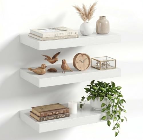 16" Floating Shelves for Wall, Set of 3, 8" Deep, 1.5" Thick, White