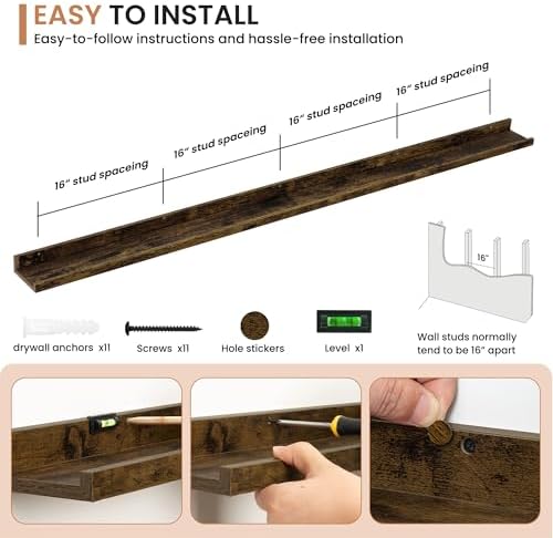 Dreamland Picture Ledge Shelf for Wall, Floating Shelves Set of 2,72 inch Long Floating Shelves with Lip for Living Room,Bedroom,Bathroom,Kitchen,Rustic Brown