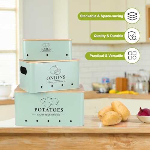 Kitchen Vegetable Storage Set of 3, Metal Onion Garlic Potato Storage Set, Kitchen Canisters Vegetable Keeper Containers