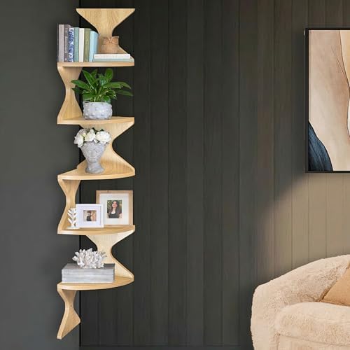 Zigzag Corner Shelf, Wood Corner Wall Shelf, 5 Tier Floating Corner Shelves for Small Space Storage, Corner Bookcase for