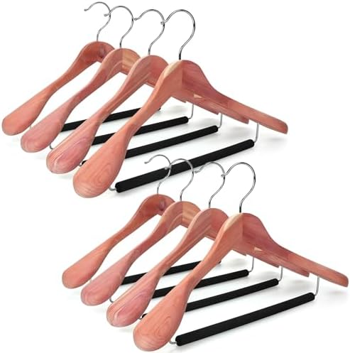 TOPIA HANGER American Red Cedar Wide Shoulder Wooden Hangers 8 Pack, Luxury Wood Suit Coat Hangers with Black Padded Pant Bar-360° Swivel Chrome Hook, Natural- CT07W-8
