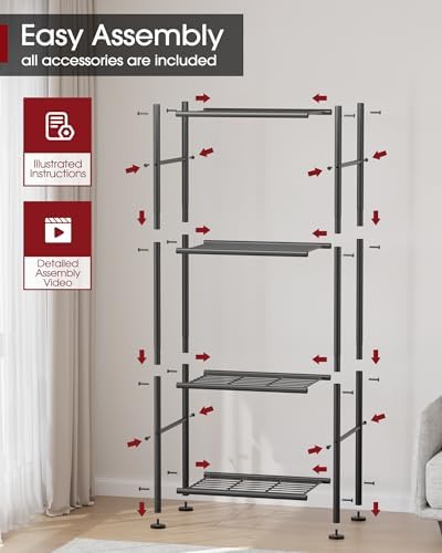 Sakugi 4-Tier Metal Storage Shelves Adjustable Feet, 18"x12"x44", Black