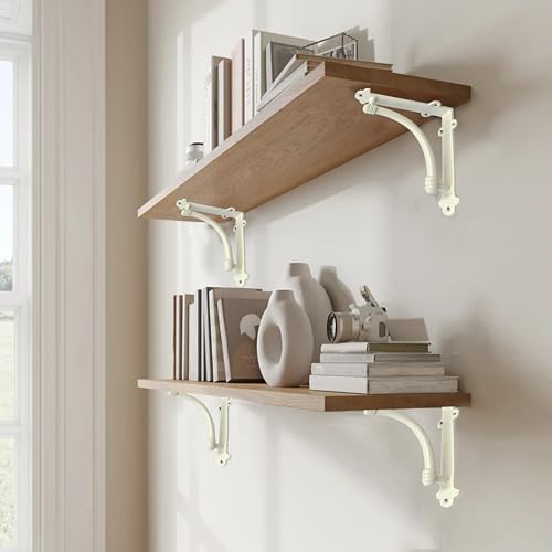 NACH Decorative Shelf Brackets, 2 Pack of 7 x 1.5 x 7 inch White Cast Iron Shelf Brackets - Decorative Brackets White - 