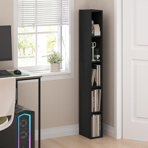 Furinno Fulda Book Shelf, 5-Tier Tall Narrow Bookshelf, Standing Bookcase with 6-in Width Storage Shelf, 9.3 x 5.9 x 51.