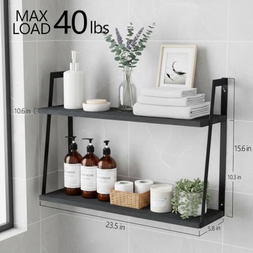 SRIWATANA Black 2-Tier Floating Wall Shelves, Rustic Wood Storage Shelf Set