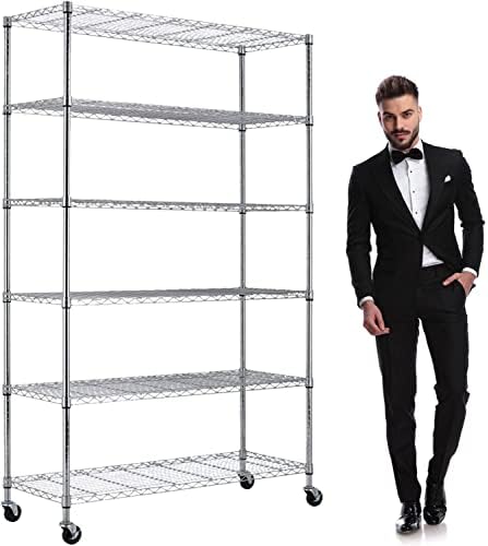6-Tier NSF Heavy Duty Metal Shelving - 45" L x 18" W x 82" H Adjustable Storage Shelves with Wheels, 2100lb Capacity for