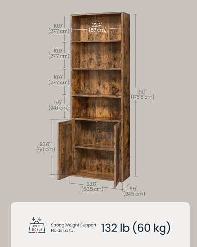 SONGMICS HOME 6-Tier Bookshelf with Doors, Tall Bookcase Storage Shelf, Narrow Shelving Unit with Cabinet for Living Roo