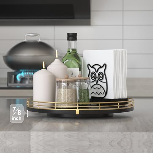 Oroyutor 12-Inch Oak Lazy Susan Spice Organizer with Gold Metal Rail