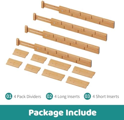 Bamboo Drawer Dividers with Inserts, Kitchen Adjustable Drawer Organizers, Expandable Organization for Home, Dressers, 4 Dividers with 8 Inserts