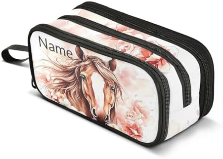 Custom Brown Horse Flower Pencil Case Box Boys Girls Personalized Name Large Pencil Pouch Stationery Pen Bag Organizer for Kids Adults School Office
