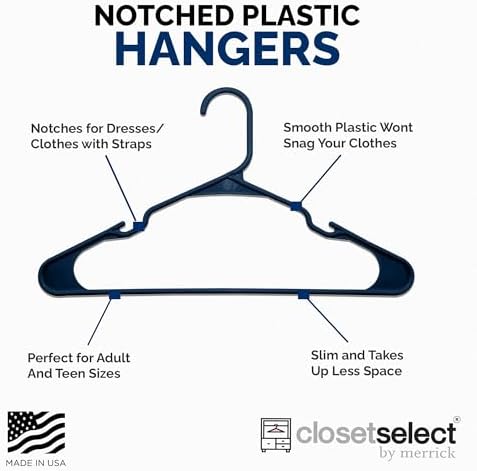 Closetselect Plastic Hangers 50 Pack - Space Saving Clothes Hangers, Made in USA, Durable & Strong Plastic Shirt & Coat Hanger with Notches & Shoulder Grooves, Non-Slip Hangers | Blue Sapphire