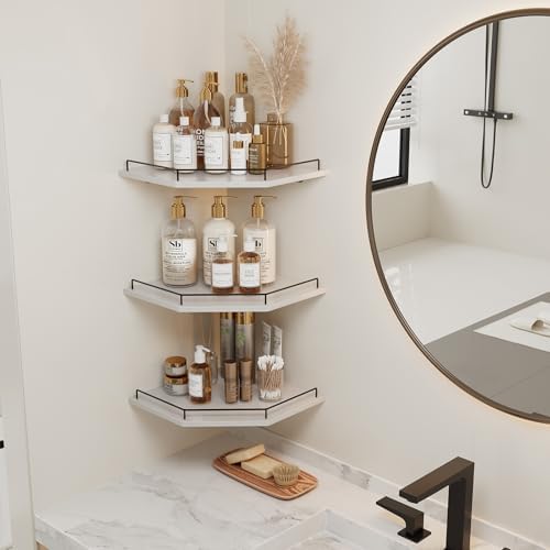 JJL Corner Shelf Wall Mounted, 12 Inches 3-Tier Floating Corner Shelf with Rails, Hexagon Rustic Wood Decor, White Wall 