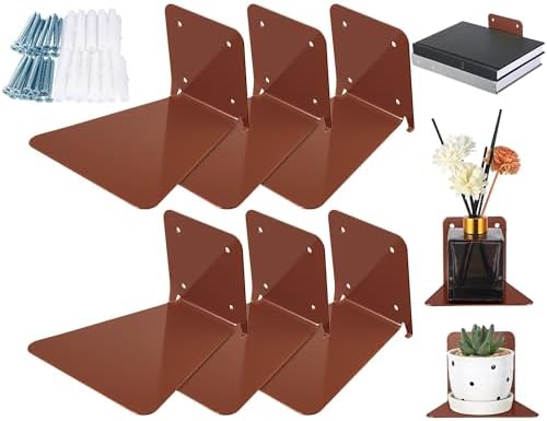 Jetec 6 Pack Invisible Bookshelf Wall Mounted Metal Heavy Duty, Brown
