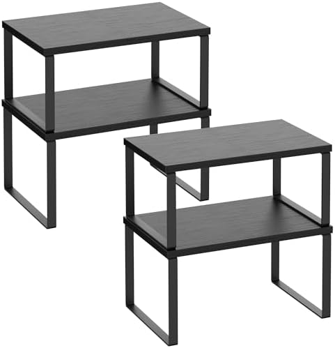 Kitchen Cabinet Organizer Shelf Set of 4, Sturdy Kitchen Counter Shelves with Metal Legs, Stackable Expandable Wood Spic