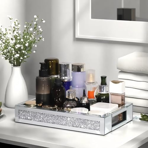 Rectangle Glass Tray with Handles for Dresser, Mirror Makeup Organizer Perfume Display, Crushed Diamond Home Decor Accen
