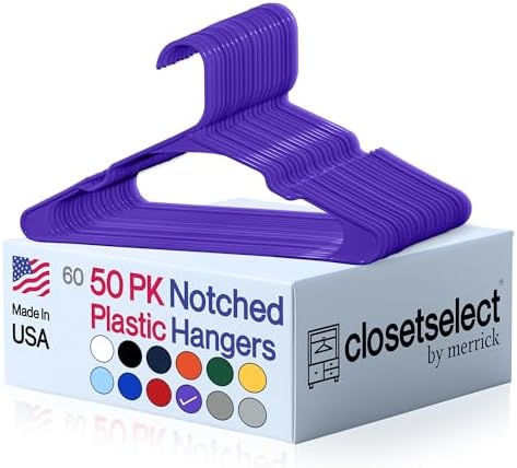 Closetselect Plastic Hangers 50 Pack - Space Saving Clothes Hangers, Made in USA, Durable & Strong Plastic Shirt & Coat Hanger with Notches & Shoulder Grooves, Non-Slip Clothing Hangers | Dark Grape
