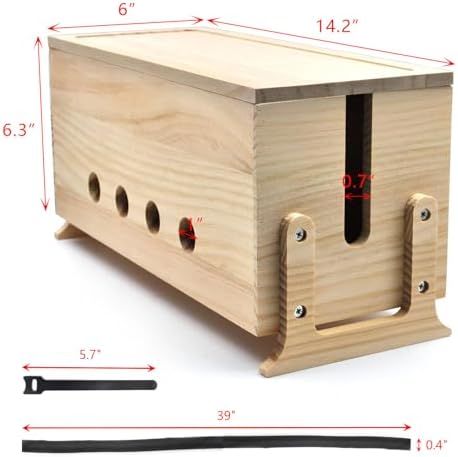 Large Wood Cable Management Box, Natural Cord Organizer 14.2"