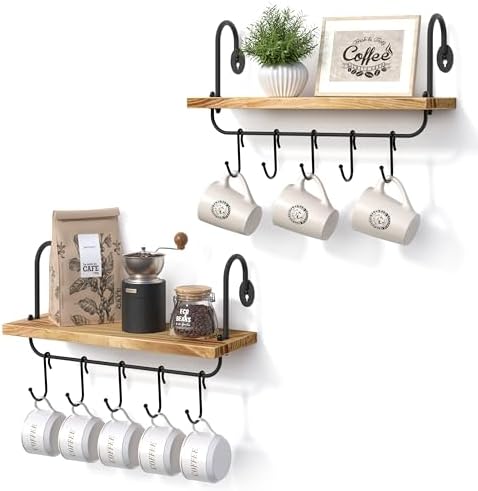 Olakee Floating Wall Shelves for Kitchen Bathroom Coffee Nook with 10 Adjustable Hooks for Coffee Mugs, Coffee Bar Organ